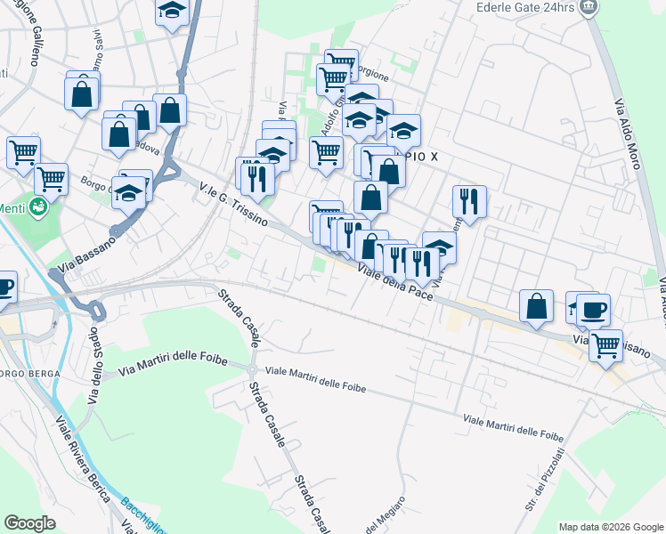 map of restaurants, bars, coffee shops, grocery stores, and more near 10 Via Zaccaria Ferreri in Vicenza