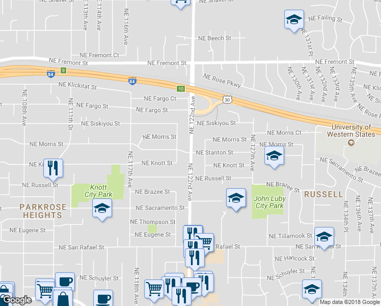 map of restaurants, bars, coffee shops, grocery stores, and more near 2898 Northeast 122nd Avenue in Portland