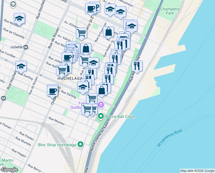 map of restaurants, bars, coffee shops, grocery stores, and more near 3531 Rue Sainte-Catherine Est in Montréal