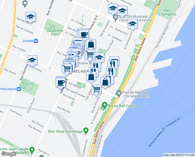 map of restaurants, bars, coffee shops, grocery stores, and more near 3480 Rue Adam in Montréal