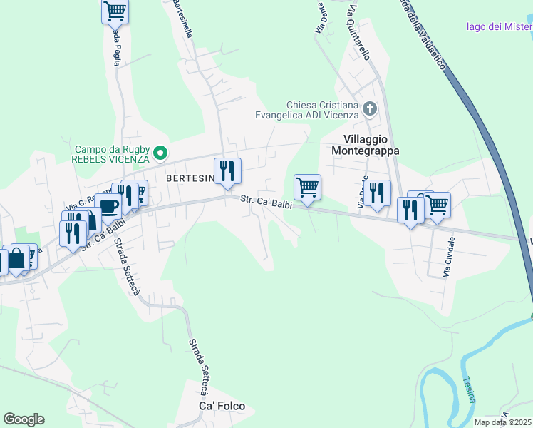 map of restaurants, bars, coffee shops, grocery stores, and more near 468 Strada Ca' Balbi in Vicenza