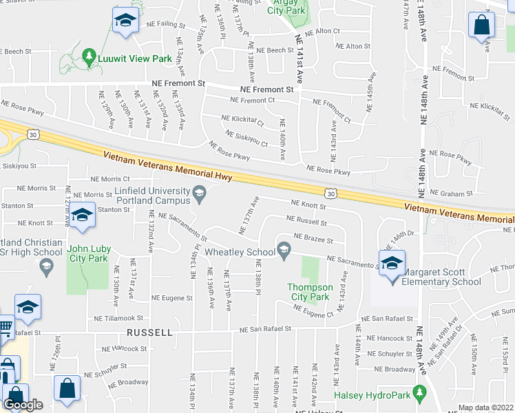 map of restaurants, bars, coffee shops, grocery stores, and more near 2726 Northeast 137th Avenue in Portland