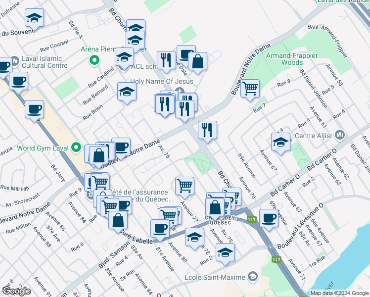 map of restaurants, bars, coffee shops, grocery stores, and more near 3512 Rue Charles-Daoust in Laval