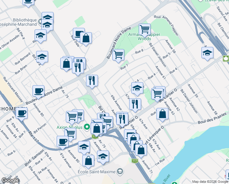 map of restaurants, bars, coffee shops, grocery stores, and more near 654 68e Avenue in Laval