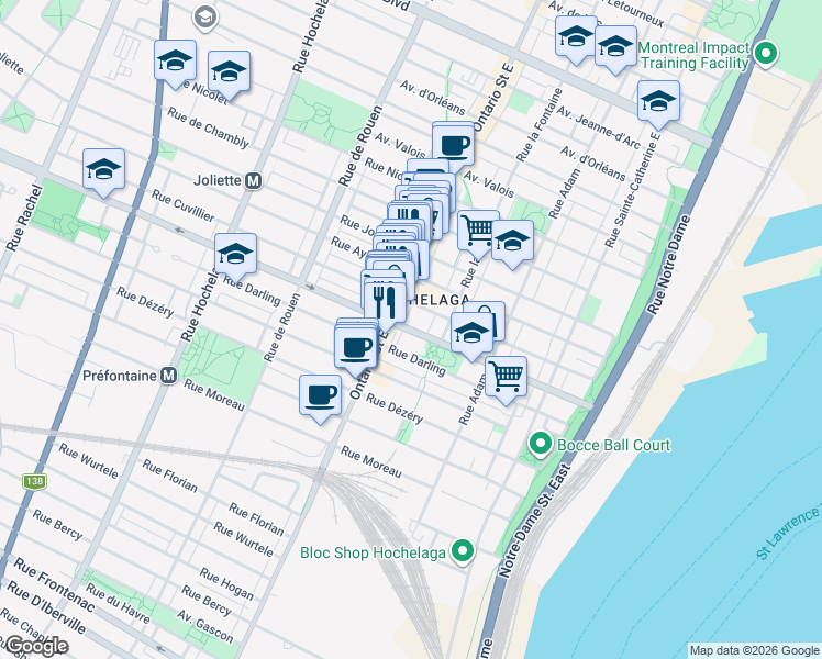 map of restaurants, bars, coffee shops, grocery stores, and more near 1861 Rue Davidson in Montreal