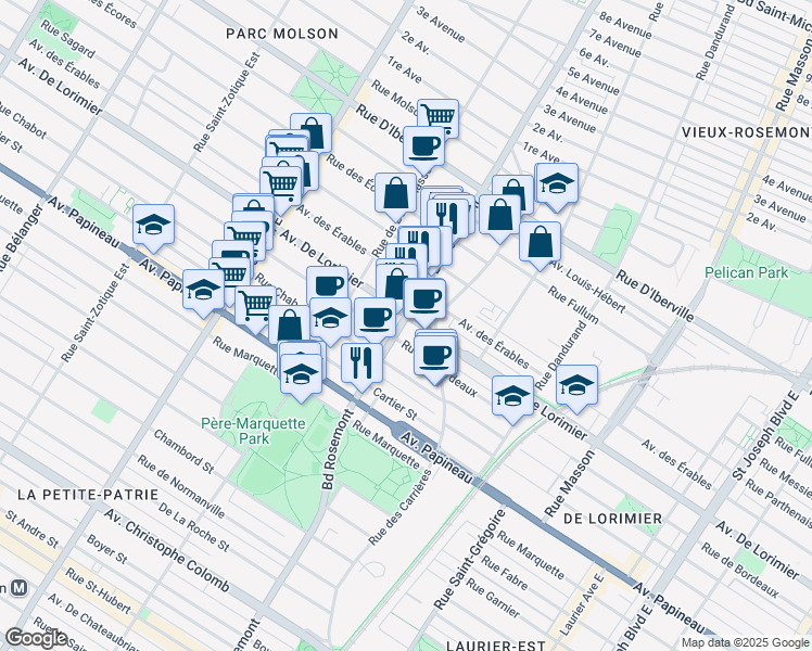 map of restaurants, bars, coffee shops, grocery stores, and more near 2040 Boulevard Rosemont in Montréal