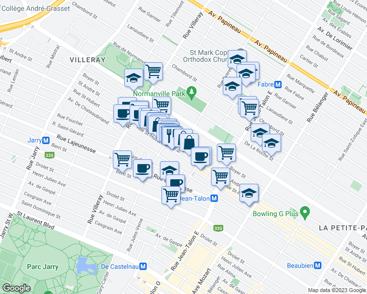 map of restaurants, bars, coffee shops, grocery stores, and more near 7397 Rue Saint-André in Montréal