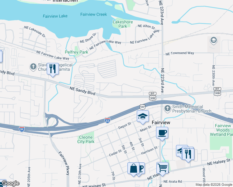 map of restaurants, bars, coffee shops, grocery stores, and more near 21780 Northeast Larkspur Lane in Fairview