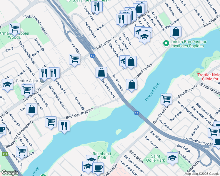 map of restaurants, bars, coffee shops, grocery stores, and more near 49 Rue Desrochers in Laval