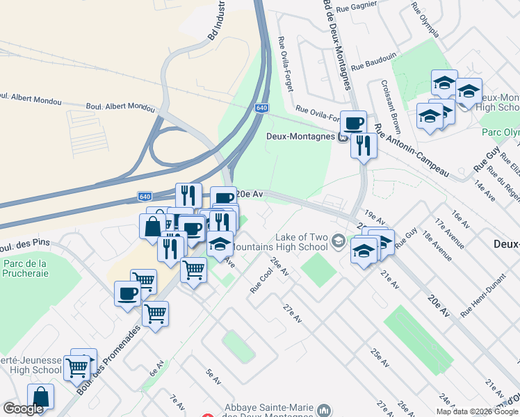 map of restaurants, bars, coffee shops, grocery stores, and more near 100 Rue des Manoirs in Deux-Montagnes