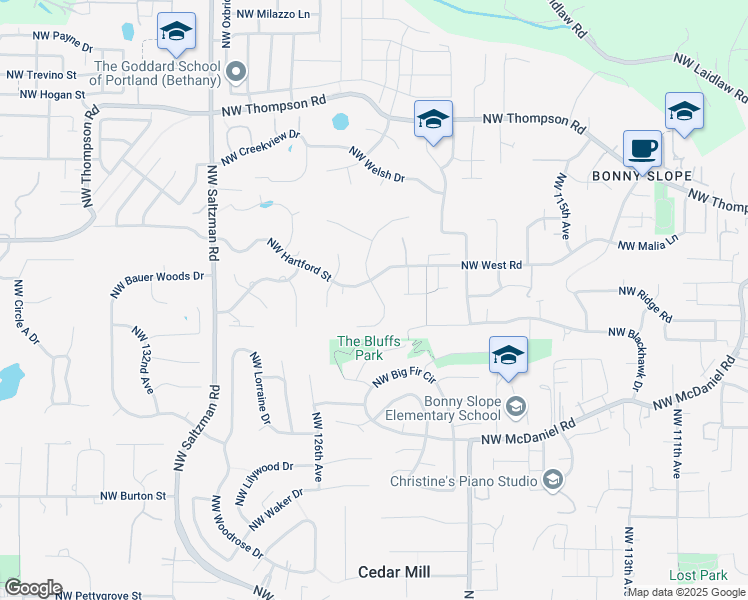 map of restaurants, bars, coffee shops, grocery stores, and more near 3195 Northwest 123rd Place in Portland