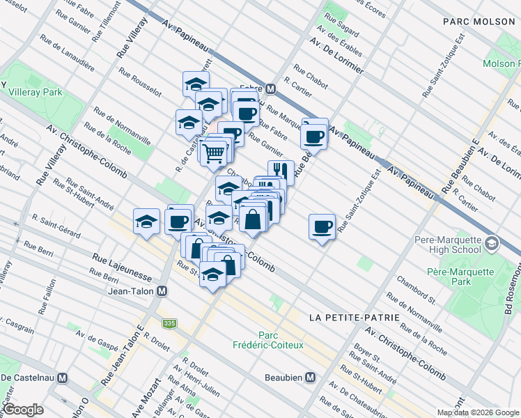 map of restaurants, bars, coffee shops, grocery stores, and more near 6977 Rue de Normanville in Montréal