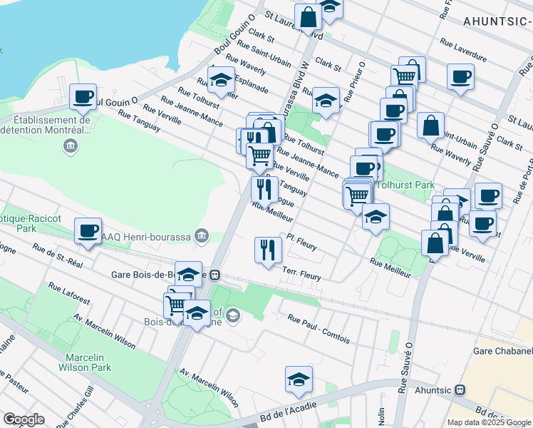 map of restaurants, bars, coffee shops, grocery stores, and more near 10610 Rue Meilleur in Montréal