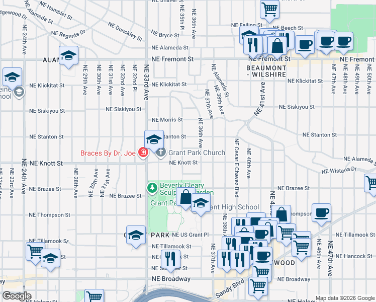map of restaurants, bars, coffee shops, grocery stores, and more near 3564 Northeast Mathison Place in Portland