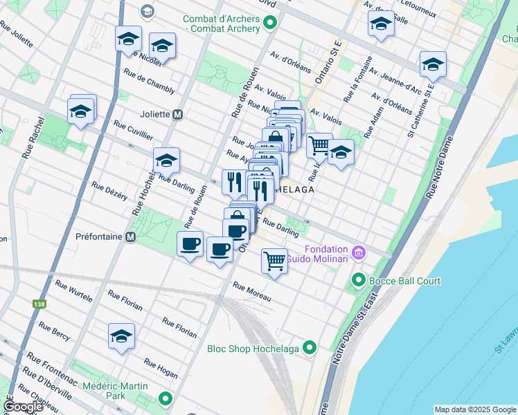 map of restaurants, bars, coffee shops, grocery stores, and more near 3351 Rue Ontario Est in Montréal