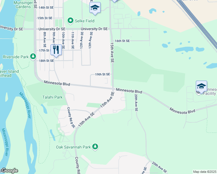 map of restaurants, bars, coffee shops, grocery stores, and more near 1435 Minnesota Boulevard in St. Cloud