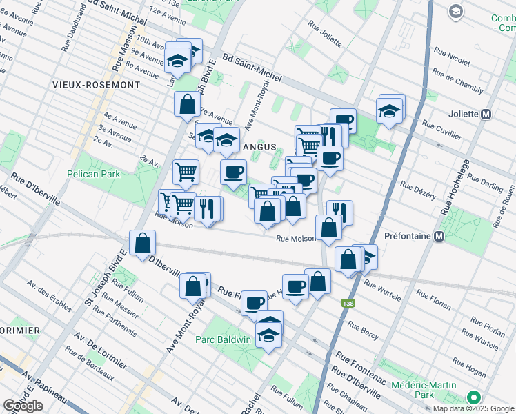map of restaurants, bars, coffee shops, grocery stores, and more near 4220 Rue Augustin Frigon in Montréal