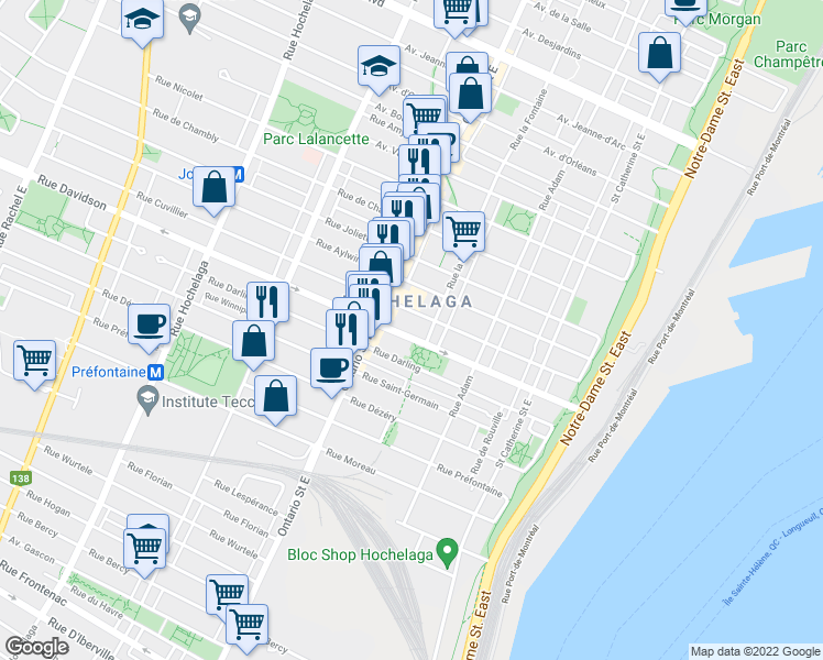 map of restaurants, bars, coffee shops, grocery stores, and more near 1845 Rue Davidson in Montrã©Al