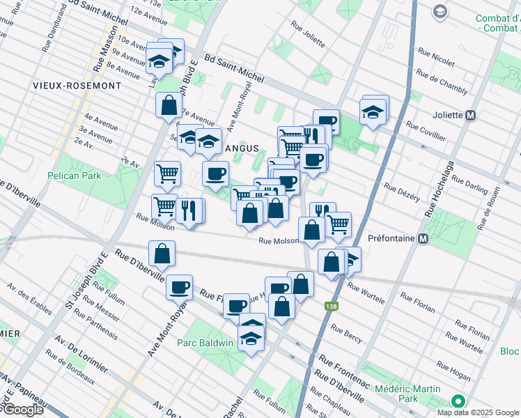 map of restaurants, bars, coffee shops, grocery stores, and more near 2600 Rue William-Tremblay in Montréal