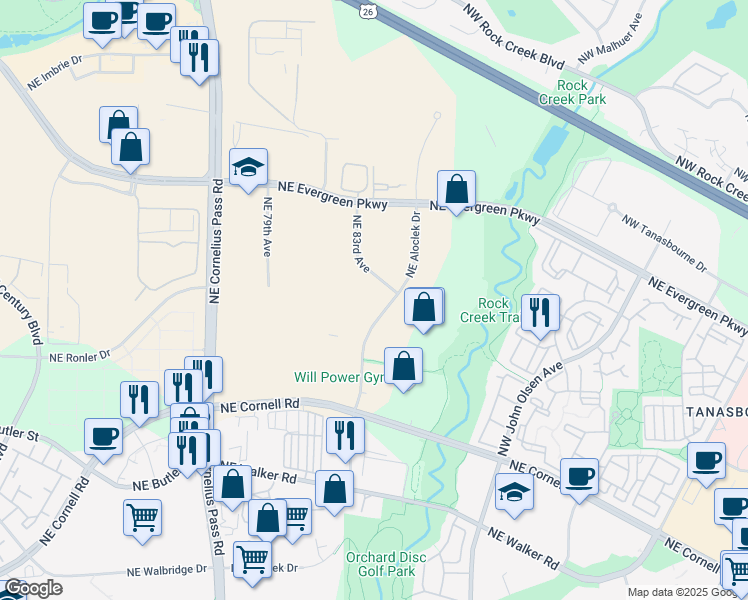map of restaurants, bars, coffee shops, grocery stores, and more near 3175 Northwest Aloclek Drive in Hillsboro