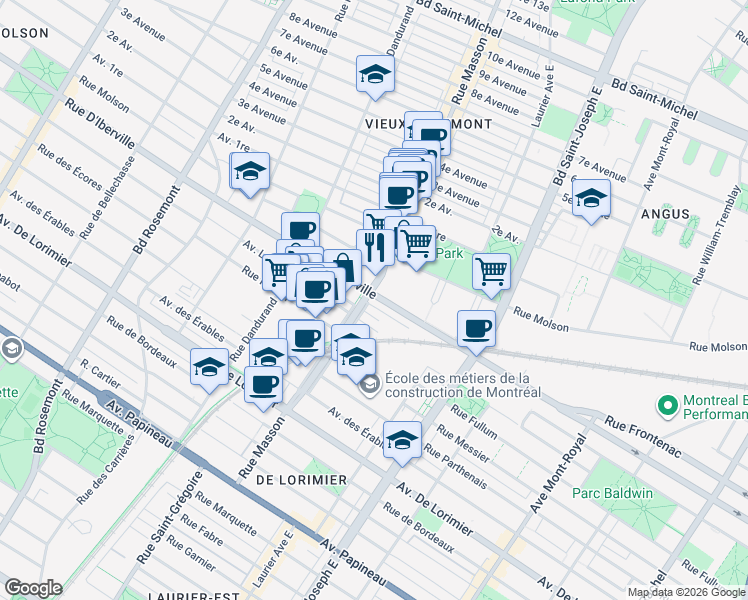 map of restaurants, bars, coffee shops, grocery stores, and more near 5228 Rue D'Iberville in Montréal