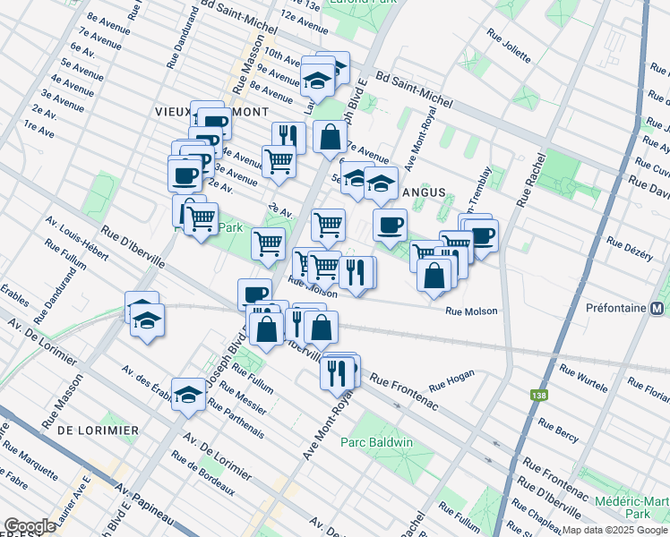 map of restaurants, bars, coffee shops, grocery stores, and more near 2500 Place Chassé in Montréal