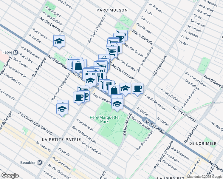 map of restaurants, bars, coffee shops, grocery stores, and more near 6307 Rue Cartier in Montréal