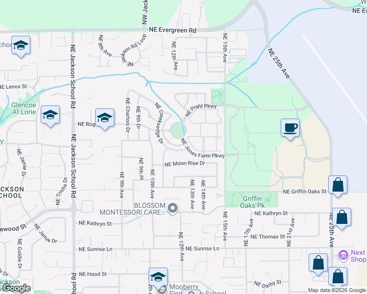 map of restaurants, bars, coffee shops, grocery stores, and more near 1293 Northeast Creeksedge Drive in Hillsboro