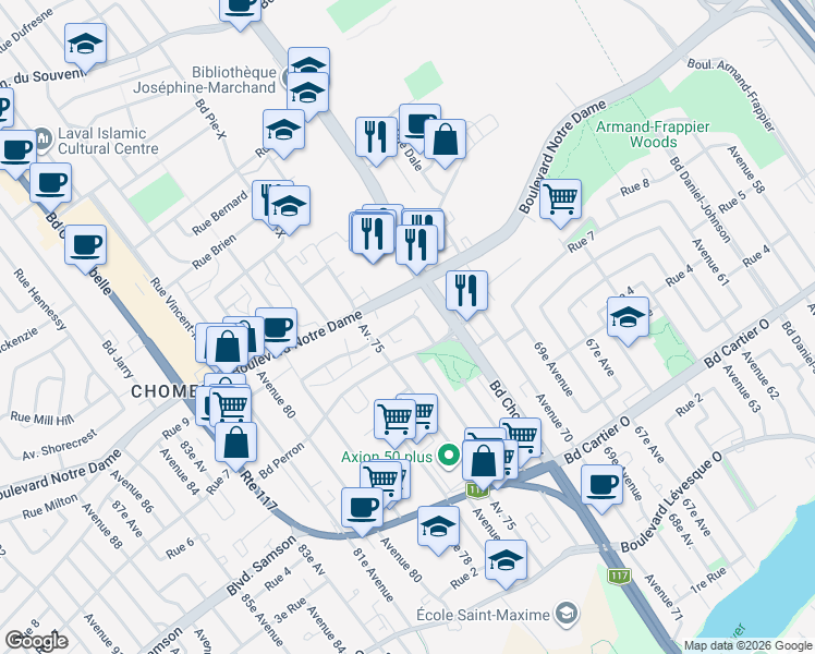 map of restaurants, bars, coffee shops, grocery stores, and more near 3552 Rue Charles Daoust in Laval
