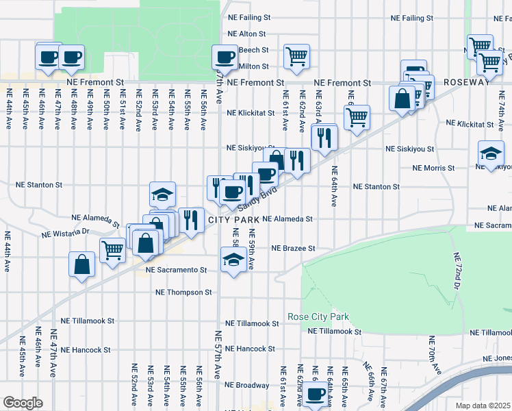 map of restaurants, bars, coffee shops, grocery stores, and more near 5904 Northeast Sandy Boulevard in Portland