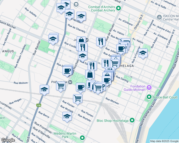 map of restaurants, bars, coffee shops, grocery stores, and more near Rue Saint Germain in Montréal