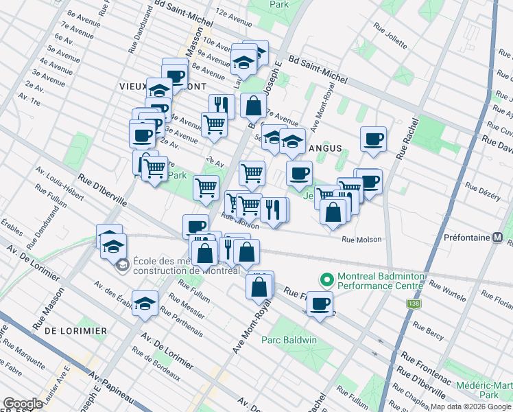 map of restaurants, bars, coffee shops, grocery stores, and more near 2500 Place Chassé in Montréal