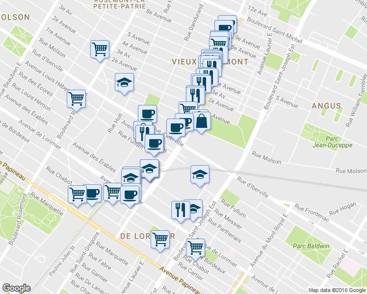 map of restaurants, bars, coffee shops, grocery stores, and more near 5228 Rue d'Iberville in Montréal