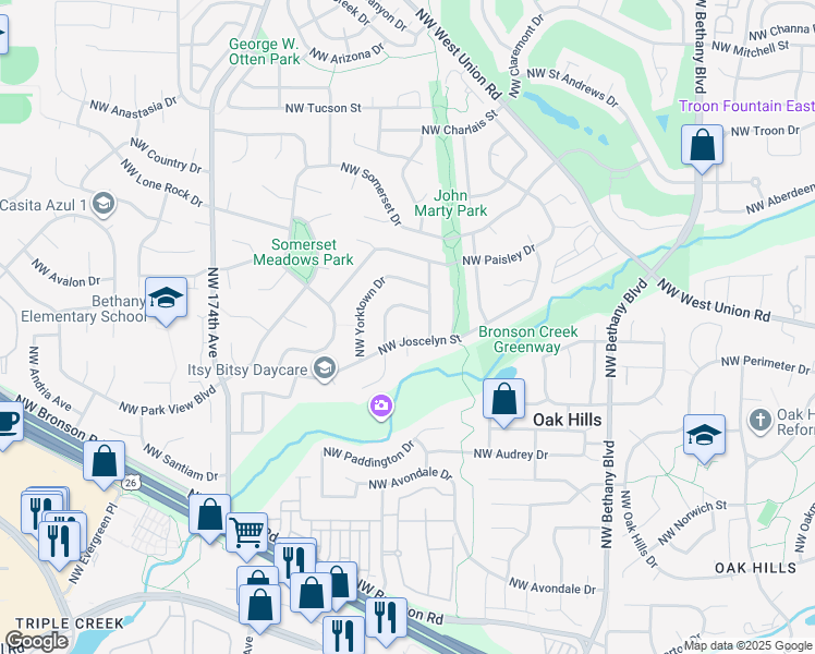 map of restaurants, bars, coffee shops, grocery stores, and more near 16655 Northwest Joscelyn Street in Beaverton