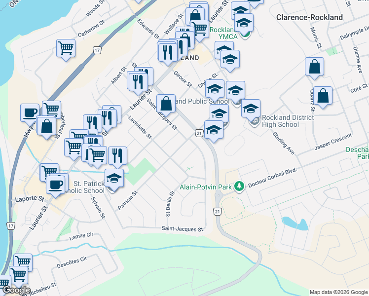 map of restaurants, bars, coffee shops, grocery stores, and more near 2022 Patricia Street in Clarence-Rockland