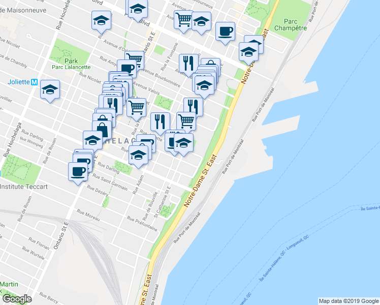 map of restaurants, bars, coffee shops, grocery stores, and more near 568 Rue Joliette in Montreal