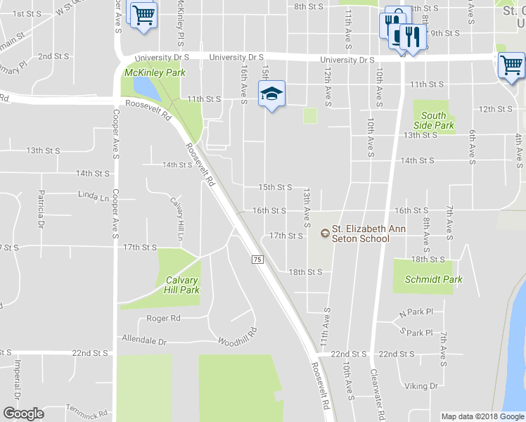 map of restaurants, bars, coffee shops, grocery stores, and more near 1509 16th Street South in Saint Cloud