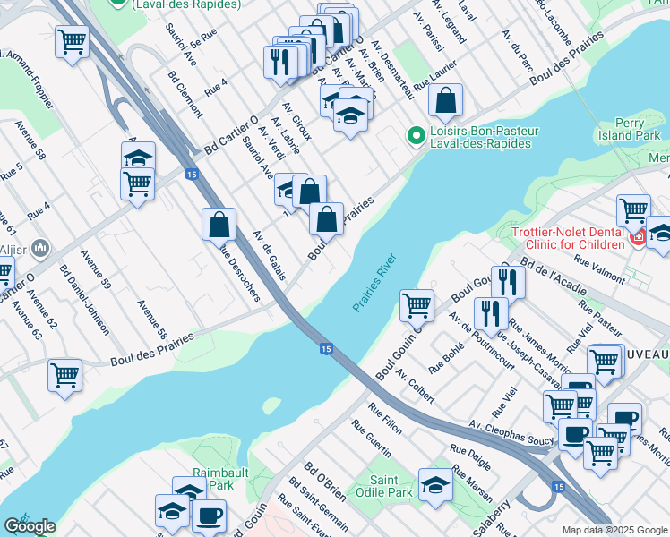 map of restaurants, bars, coffee shops, grocery stores, and more near 3 Avenue Sauriol in Laval