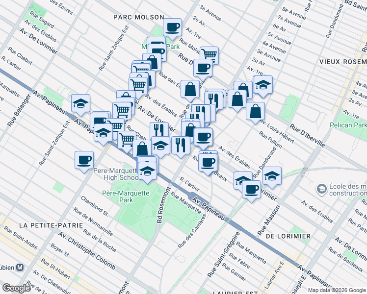 map of restaurants, bars, coffee shops, grocery stores, and more near 5941 Rue de Bordeaux in Montréal