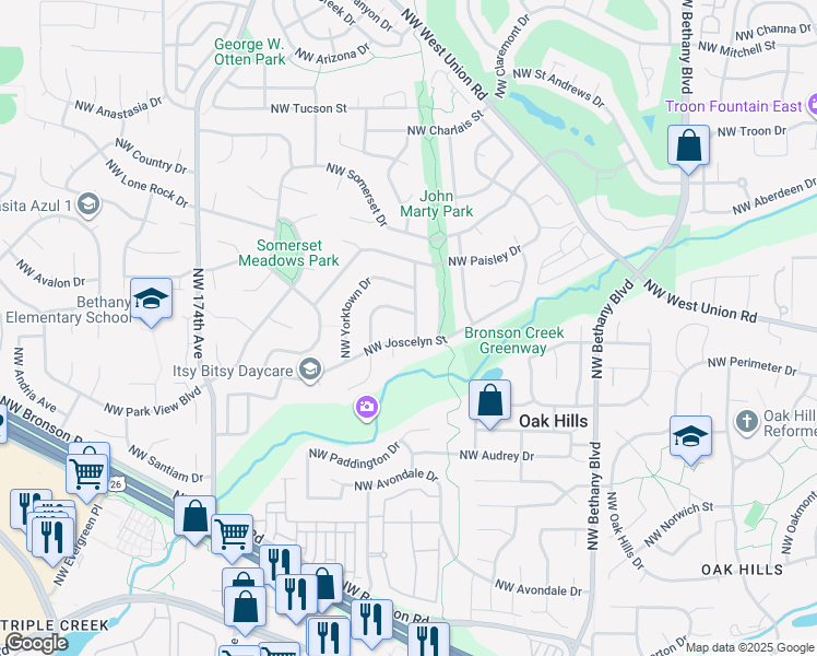 map of restaurants, bars, coffee shops, grocery stores, and more near 16655 Northwest Joscelyn Street in Beaverton