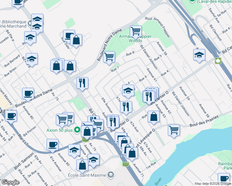 map of restaurants, bars, coffee shops, grocery stores, and more near 635 67e Av in Laval
