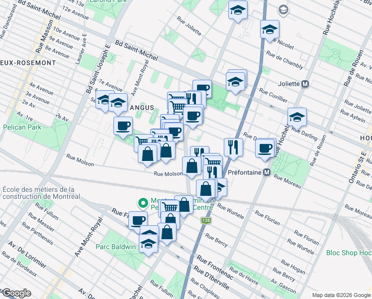 map of restaurants, bars, coffee shops, grocery stores, and more near 3100 Rue Rachel Est in Montreal