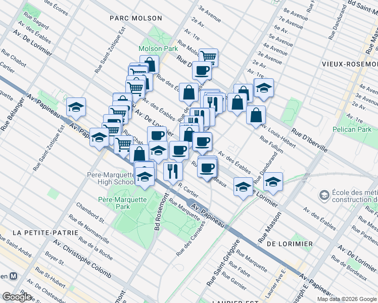 map of restaurants, bars, coffee shops, grocery stores, and more near in Montréal