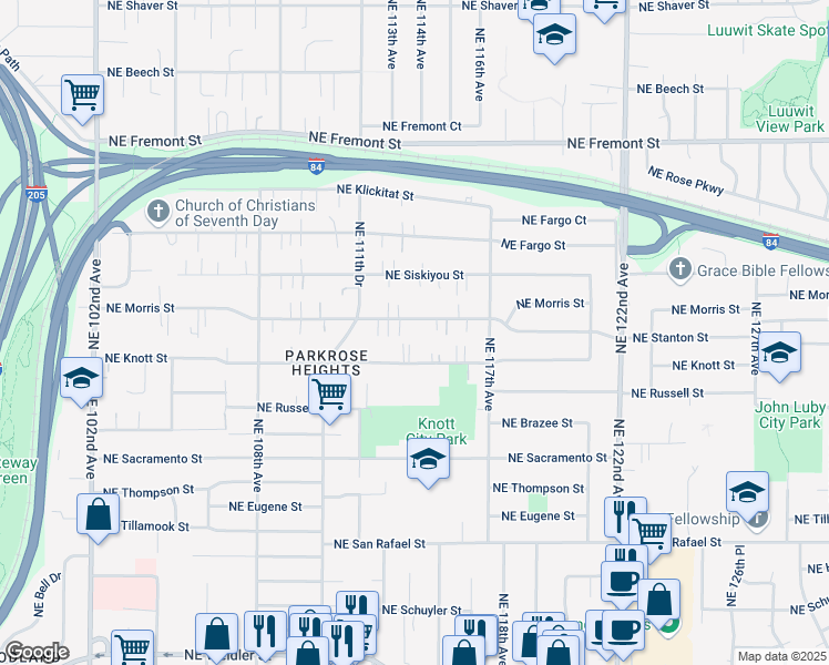map of restaurants, bars, coffee shops, grocery stores, and more near 11400 Northeast Morris Street in Portland