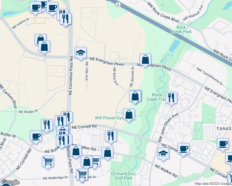map of restaurants, bars, coffee shops, grocery stores, and more near 3175 Northwest Aloclek Drive in Hillsboro
