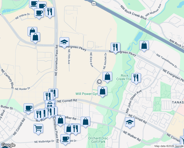 map of restaurants, bars, coffee shops, grocery stores, and more near 3175 Northeast Aloclek Drive in Hillsboro