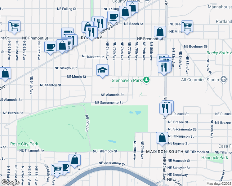 map of restaurants, bars, coffee shops, grocery stores, and more near 7525 Northeast Alameda Street in Portland