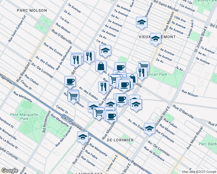 map of restaurants, bars, coffee shops, grocery stores, and more near in Montreal