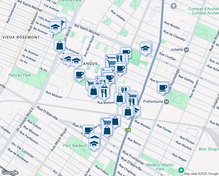 map of restaurants, bars, coffee shops, grocery stores, and more near 4100 Rue Andre Laurendeau in Montréal