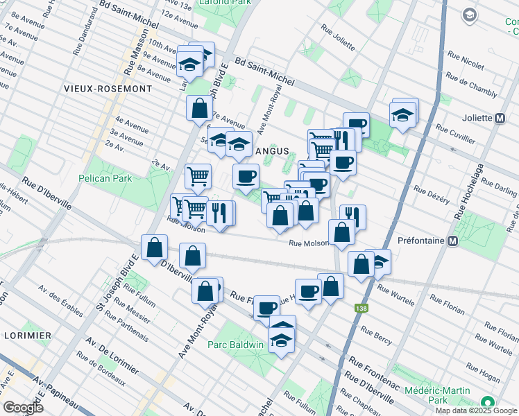 map of restaurants, bars, coffee shops, grocery stores, and more near 4220 Rue Augustin Frigon in Montréal